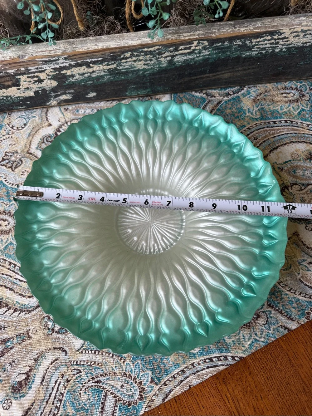 Frosted Art Glass Serving Bowl Aqua Green Ombre Centerpiece Dish 12 Inch